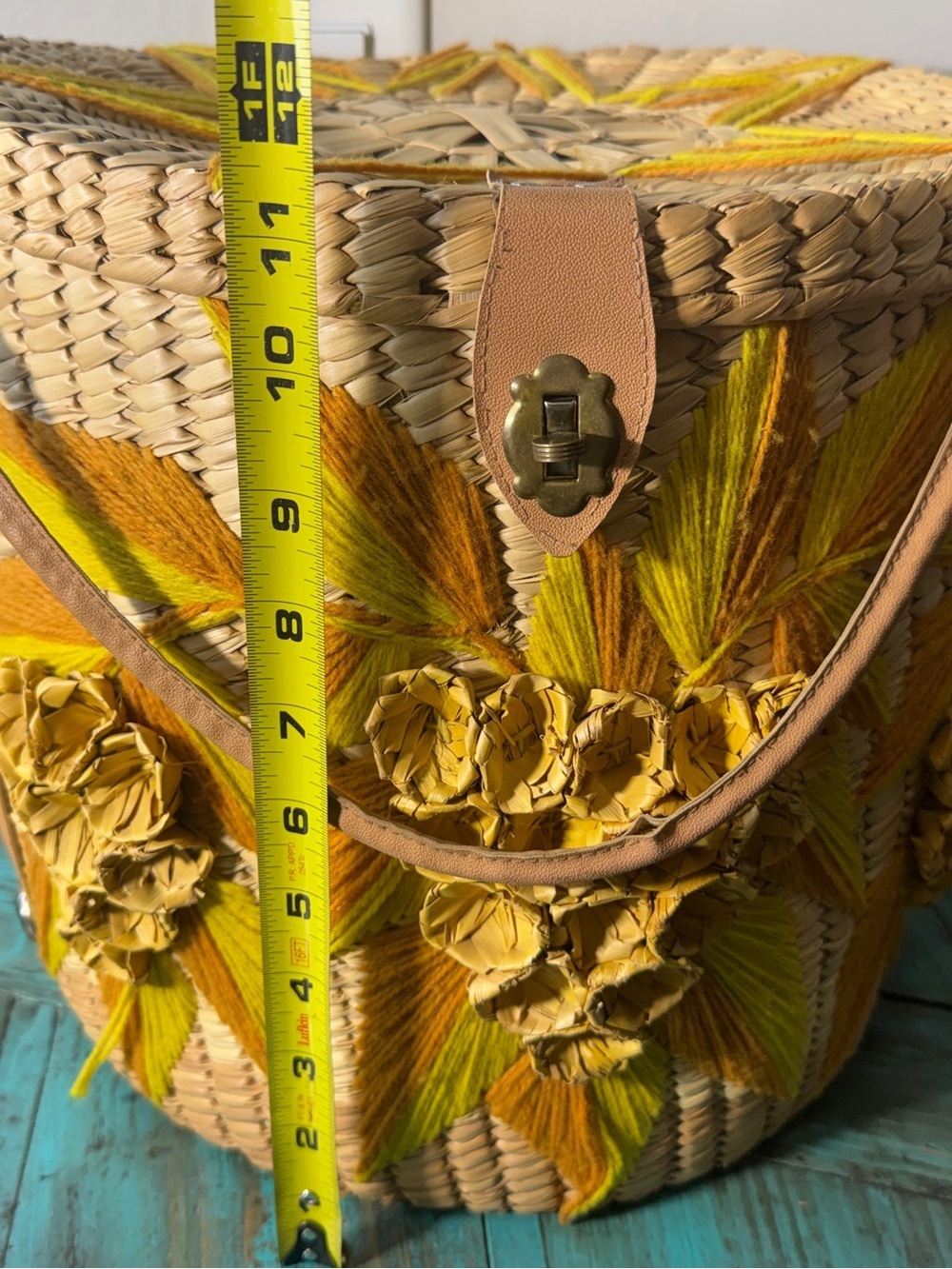 Vintage Raffia Basket Purse w/ Lid Floral Appliqué Boho Woven Straw Bag - Picture 14 of 15
